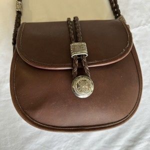 Authentic Brighton Brown Leather Crossbody Purse w/ Braided Strap & Back Pocket